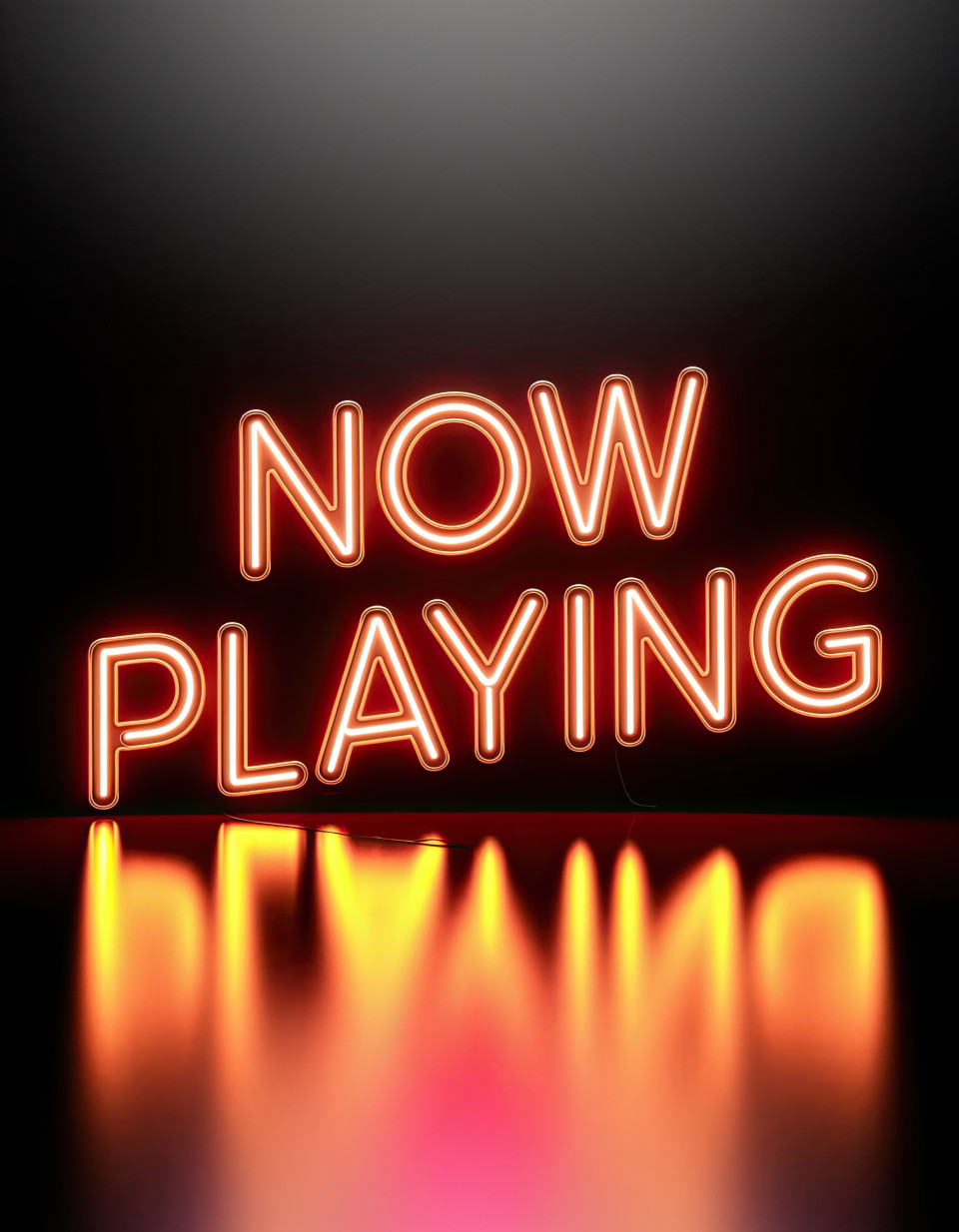 Neon glow typography "now playing" in orange vintage bold font, cinematic neon effect, glowing lettering design, ai image prompts, ideogram prompt.