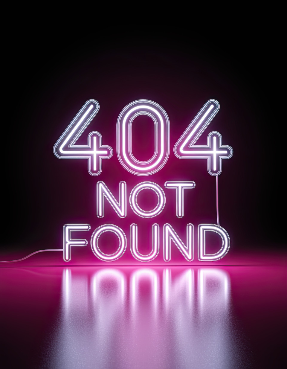 Neon glow typography "404 not found" in bright white futuristic font, cinematic neon sign style, glowing lettering design, ai image prompts, ideogram prompt.