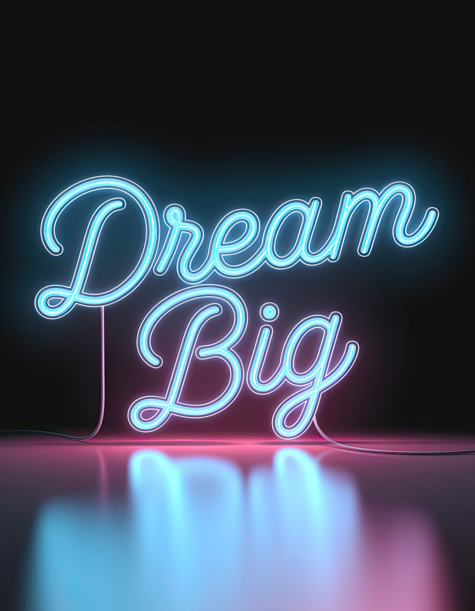 Neon glow typography "dream big" in electric blue neon script, cinematic glowing lettering design on matte black, ai image prompts, ideogram prompt.