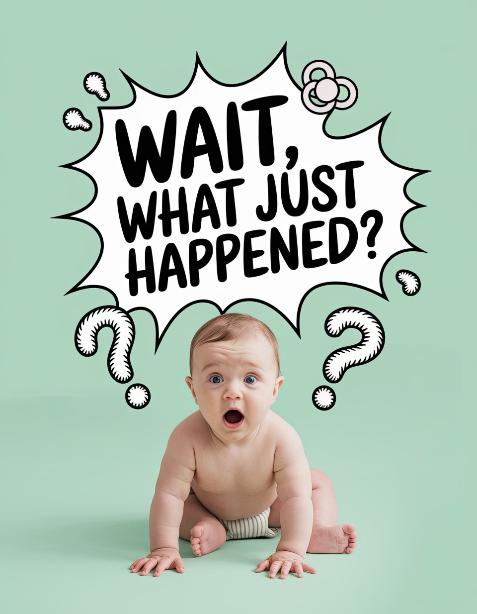 Surprised baby staring wide-eyed at floating pacifier and comic question marks on mint green background. fresh mixed media portraits with witty text art, ideogram prompts.