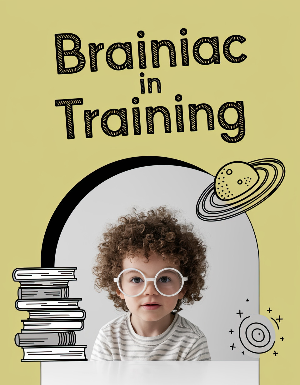 Curly-haired child with oversized glasses smiling under lemon yellow background with swirling galaxy and book doodles. mixed media portraits with witty text art, ideogram prompts.