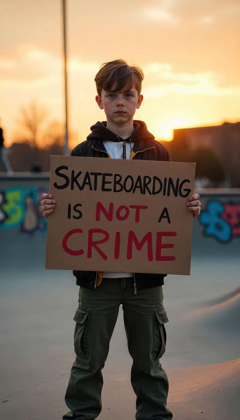 Teenage boy in rugged streetwear holds bold 'skateboarding is not a crime' sign at sunset skate park. street scene art with flux prompt, ai image prompts, vibrant rebellion.