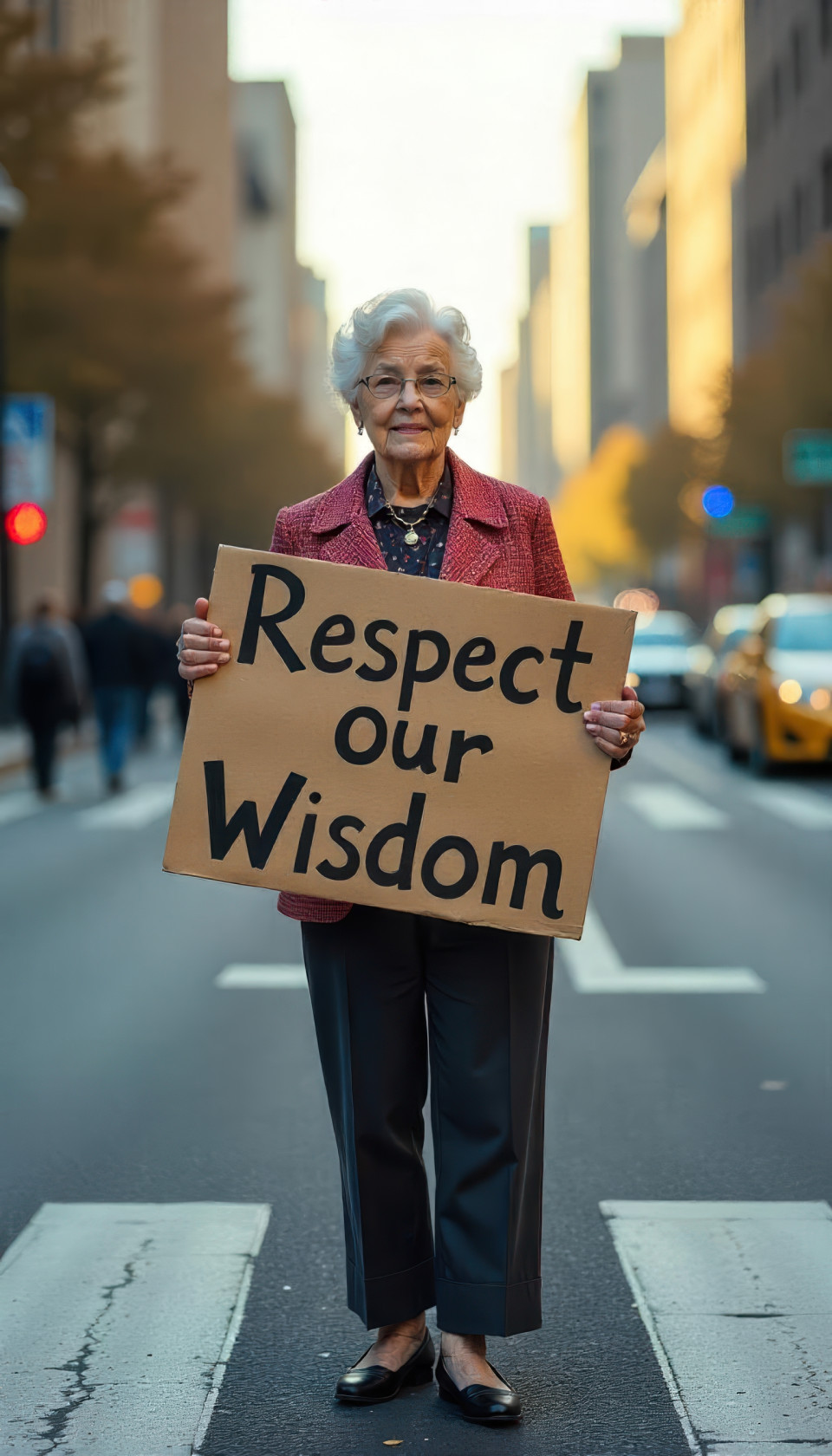 Elderly woman in vintage wear proudly holds 'respect our wisdom' sign at city crosswalk in morning light. street scene art with flux prompt, ai image prompts, vibrant dignity.