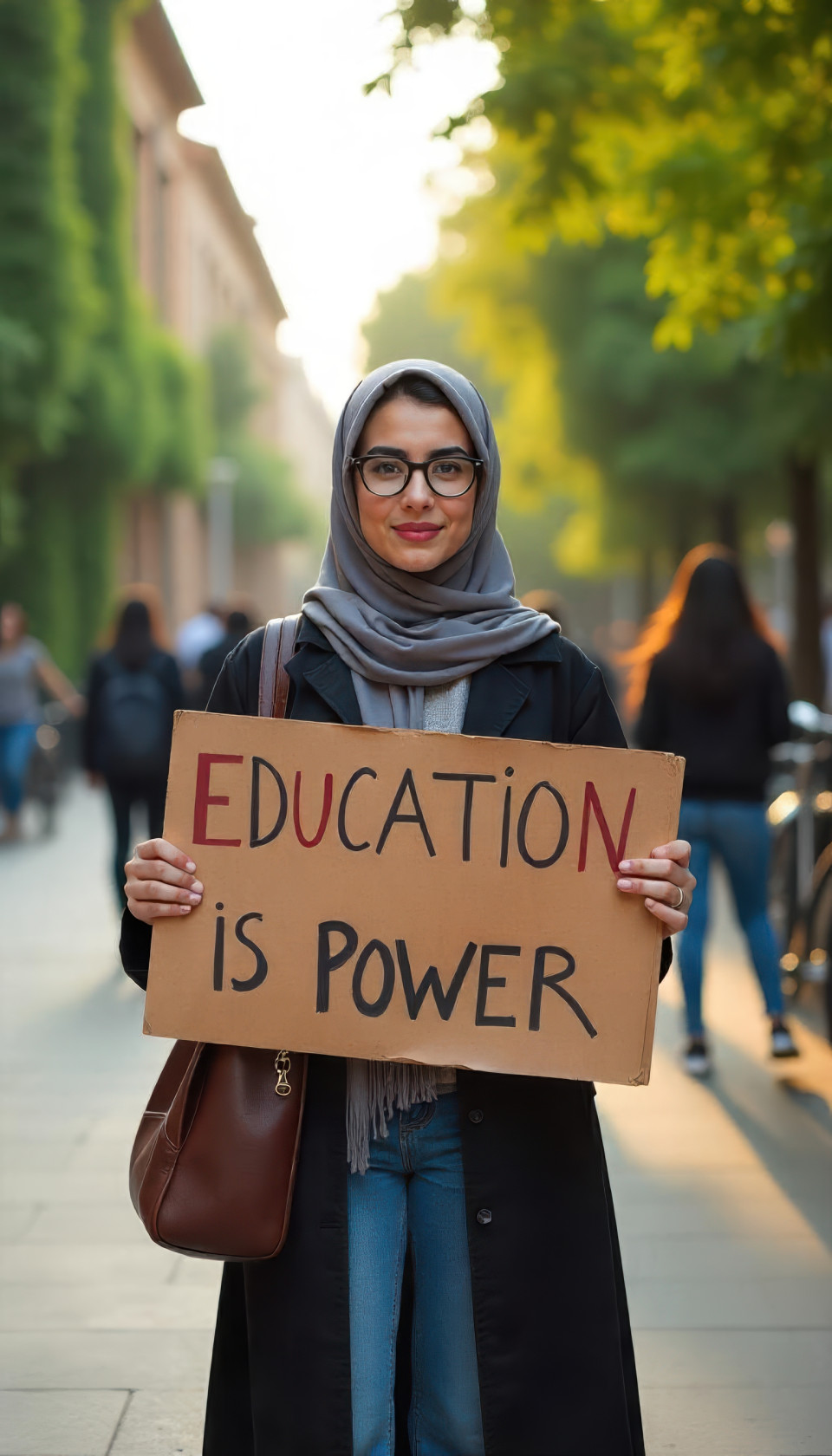 Middle eastern young woman with inspired look holds 'education is power' sign on vibrant university campus. street scene art with flux prompt, ai image prompts, hopeful ambition.