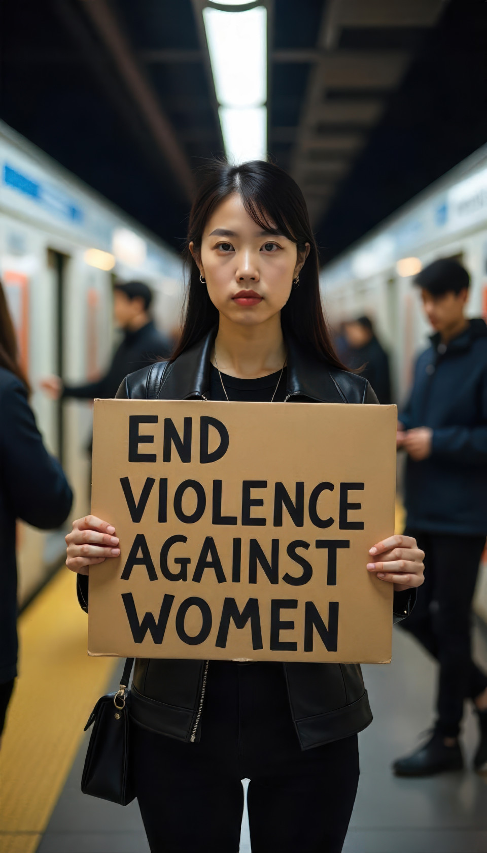 Young asian woman in sleek urban style holds 'end violence against women' sign at night metro station. street scene art with flux prompt, ai image prompts, serious solidarity.