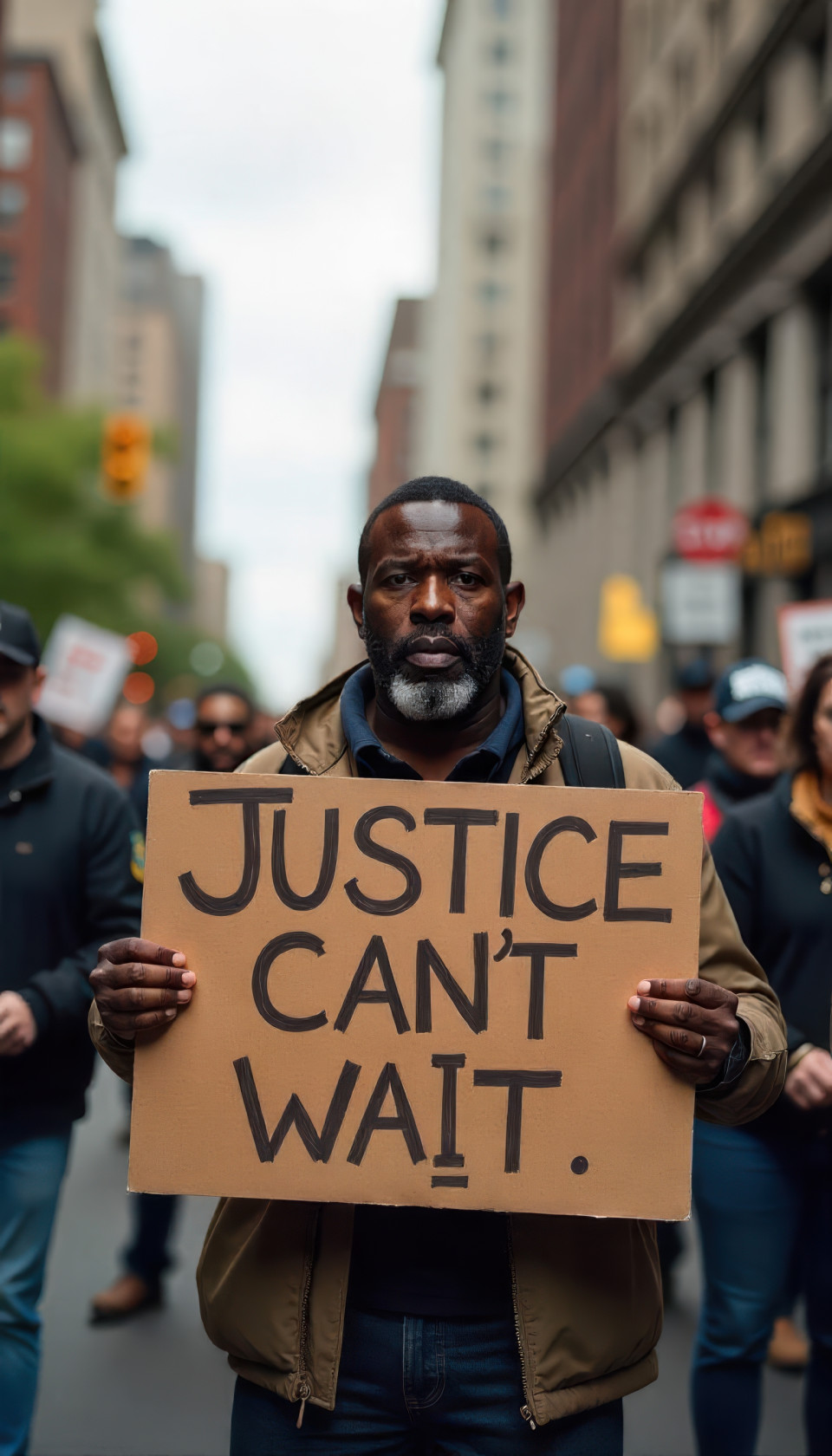 Middle-aged black man with determined look holds 'justice can't wait' sign at protest march downtown. street scene art with flux prompt, ai image prompts, urgent solidarity.