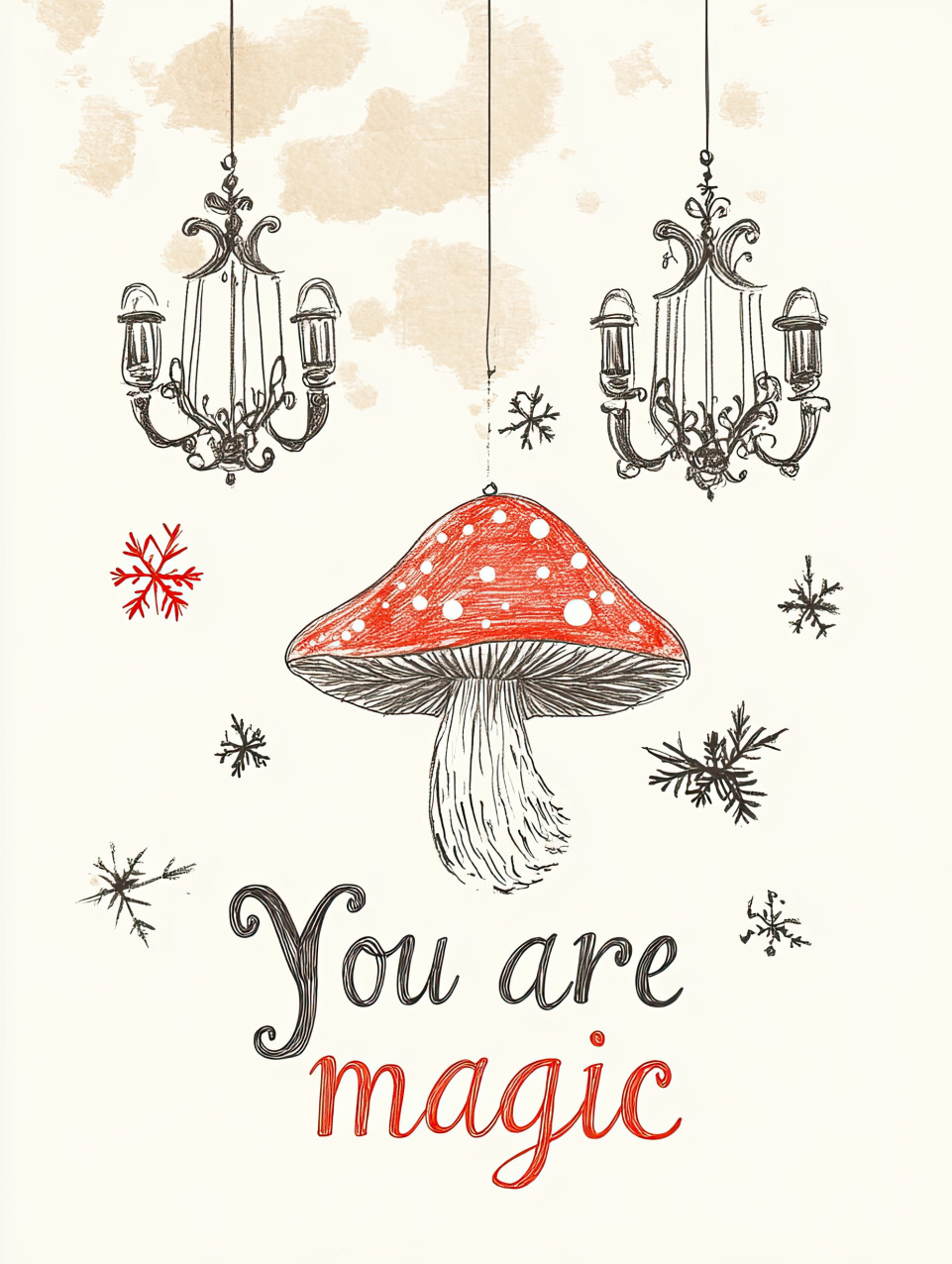 Hand-drawn tiny mushroom sketch with two vintage chandeliers and a red snowflake. "you are magic" in playful text. cozy beige background with pencil shading and red accents. whimsical ai art, motivational text art, midjourney sketch prompt.