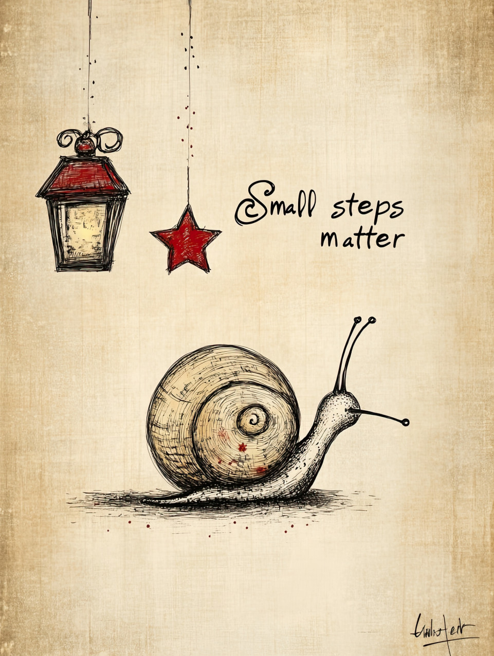 Hand-drawn snail sketch with one vintage lantern and a red star. "small steps matter" in playful text. cozy beige background with pencil shading and red accents. whimsical ai art, motivational text art, midjourney sketch prompt.