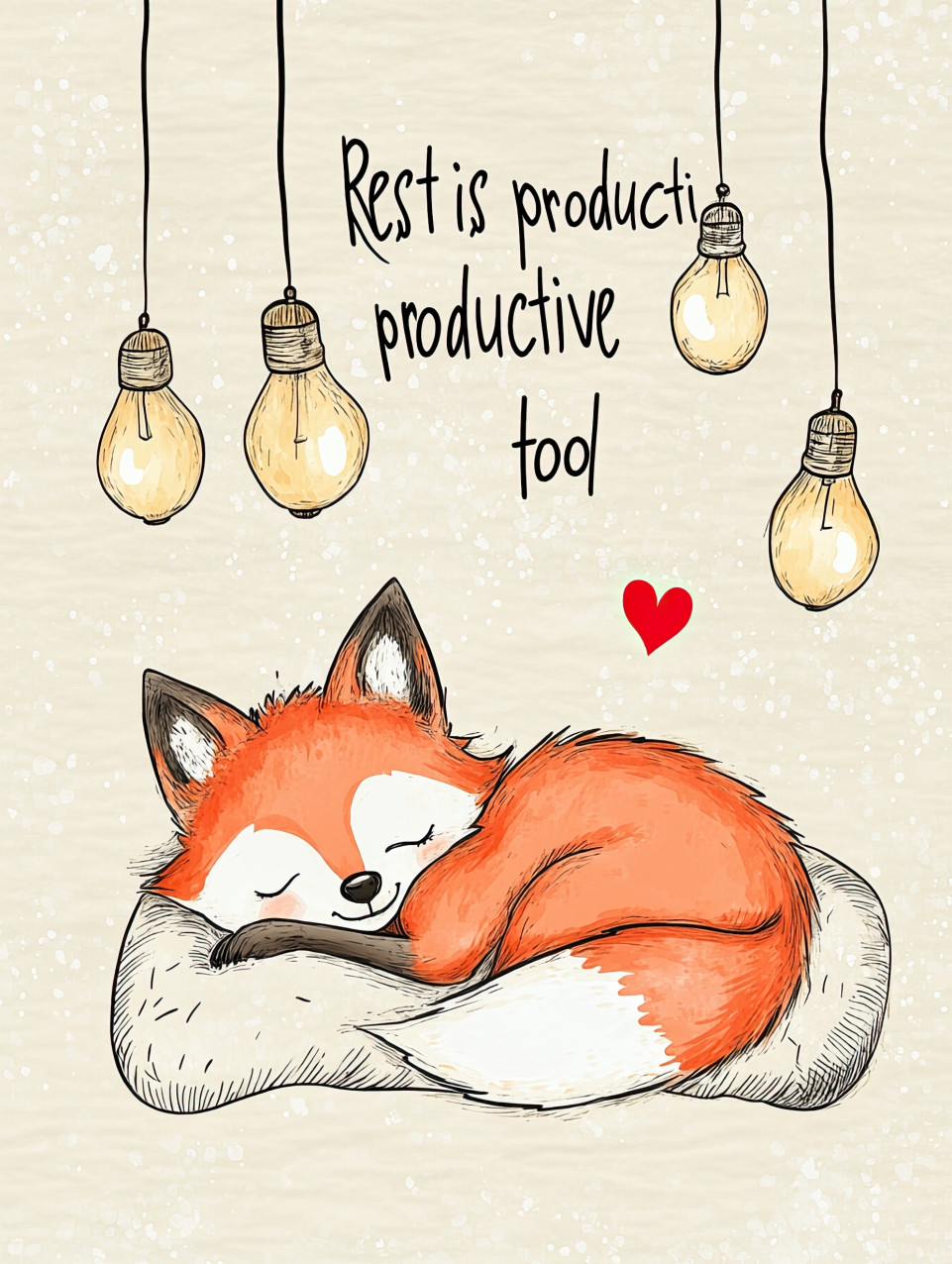 Hand-drawn sleepy fox sketch with three vintage bulbs and a red heart. "rest is productive too" in playful handwriting. warm beige background with soft shading and red accents. sketch journal art, motivational text art, whimsical ai art.