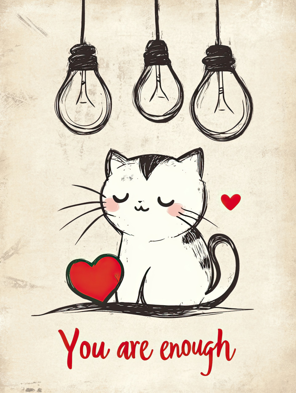 Hand-drawn sketch of a cute cat with three vintage hanging bulbs and a small red heart. "you are enough" in playful font. cozy beige background with soft pencil shading and red accents. sketch journal art, motivational text art, whimsical ai art.