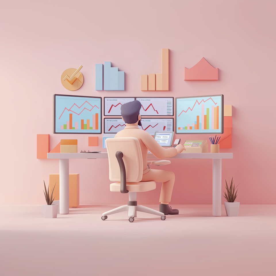 One person checks charts on screens in a soft pastel workspace, bar graph and up arrow add market concept, 3d business art, finance ai prompt, midjourney prompts, ai image generation