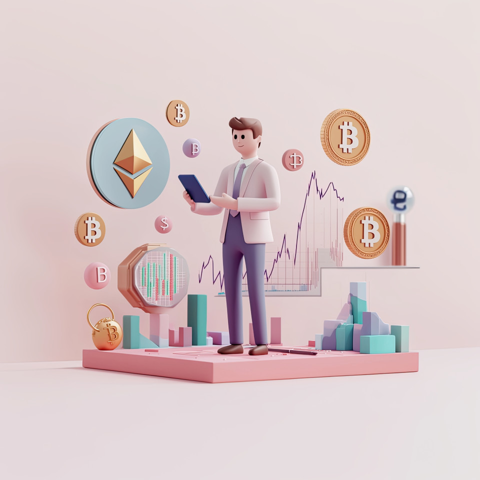 A businessperson checks crypto charts on phone with bitcoin and ethereum icons in view, modern workspace, 3d business art, finance ai prompt, midjourney prompts, ai image generation