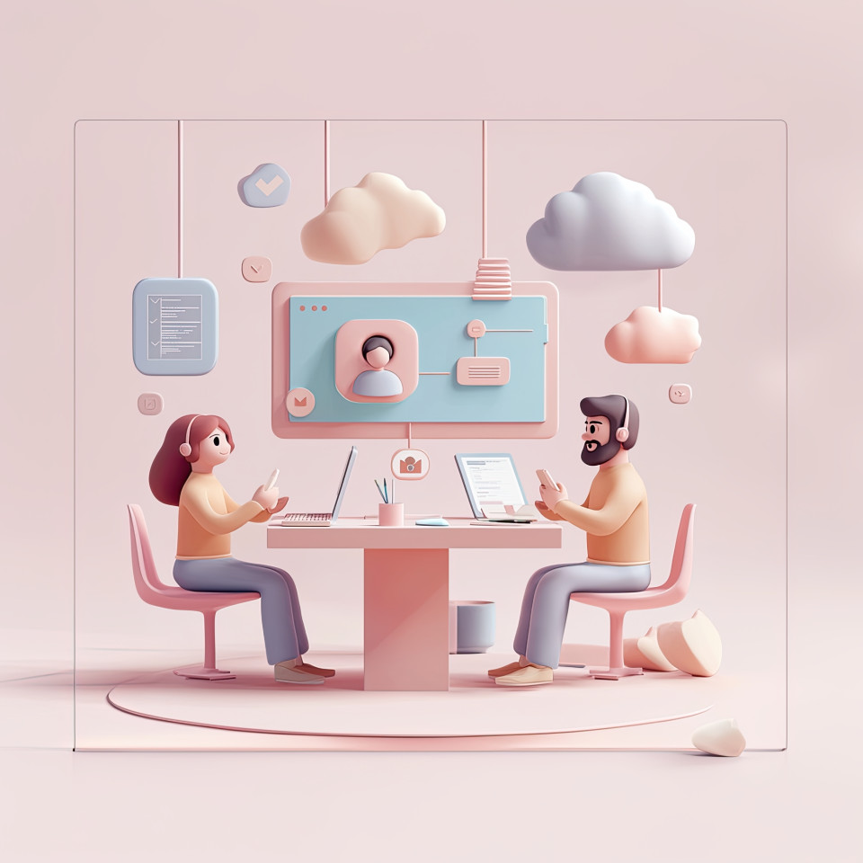 Two coworkers in separate spaces connect with video calls and cloud icons, teamwork in digital space, 3d business art, finance ai prompt, midjourney prompts, ai image generation