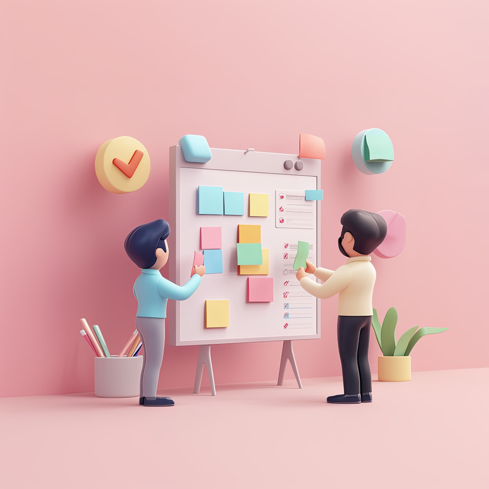 Three coworkers arrange sticky notes on a digital kanban board with checklist and progress bars, pastel room, 3d business art, finance ai prompt, midjourney prompts, ai image generation