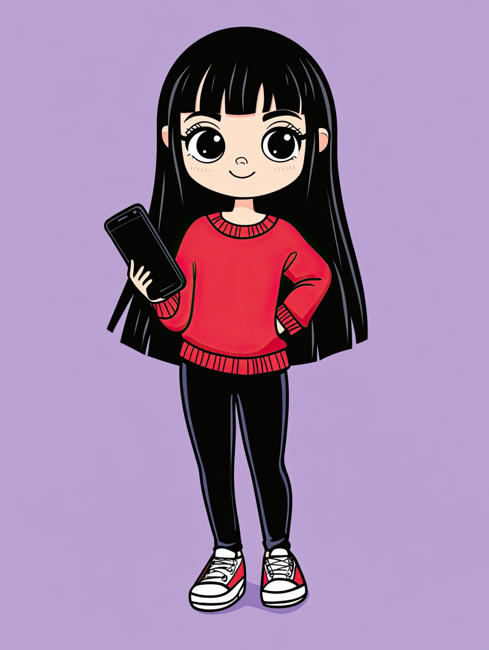 Black-haired cartoon girl winks with one hand on hip holding smartphone in red sweater, cartoon girl art, midjourney prompt, pop art girls, comic style portraits
