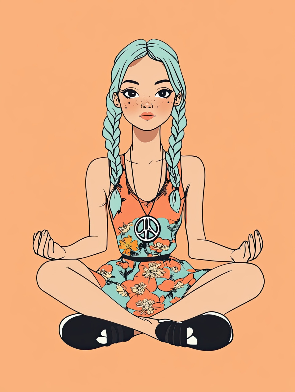 Blue-haired cartoon girl sits meditating with peace sign necklace in floral dress on peach, cartoon girl art, comic style portraits, midjourney prompt, pop art girls