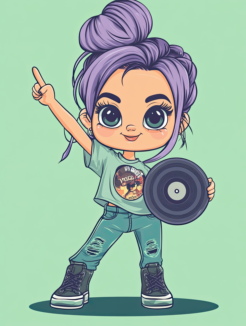 Purple-haired cartoon girl dances with vinyl record in graphic tee on mint green background, midjourney prompt, pop art girls, cartoon girl art, comic style portraits