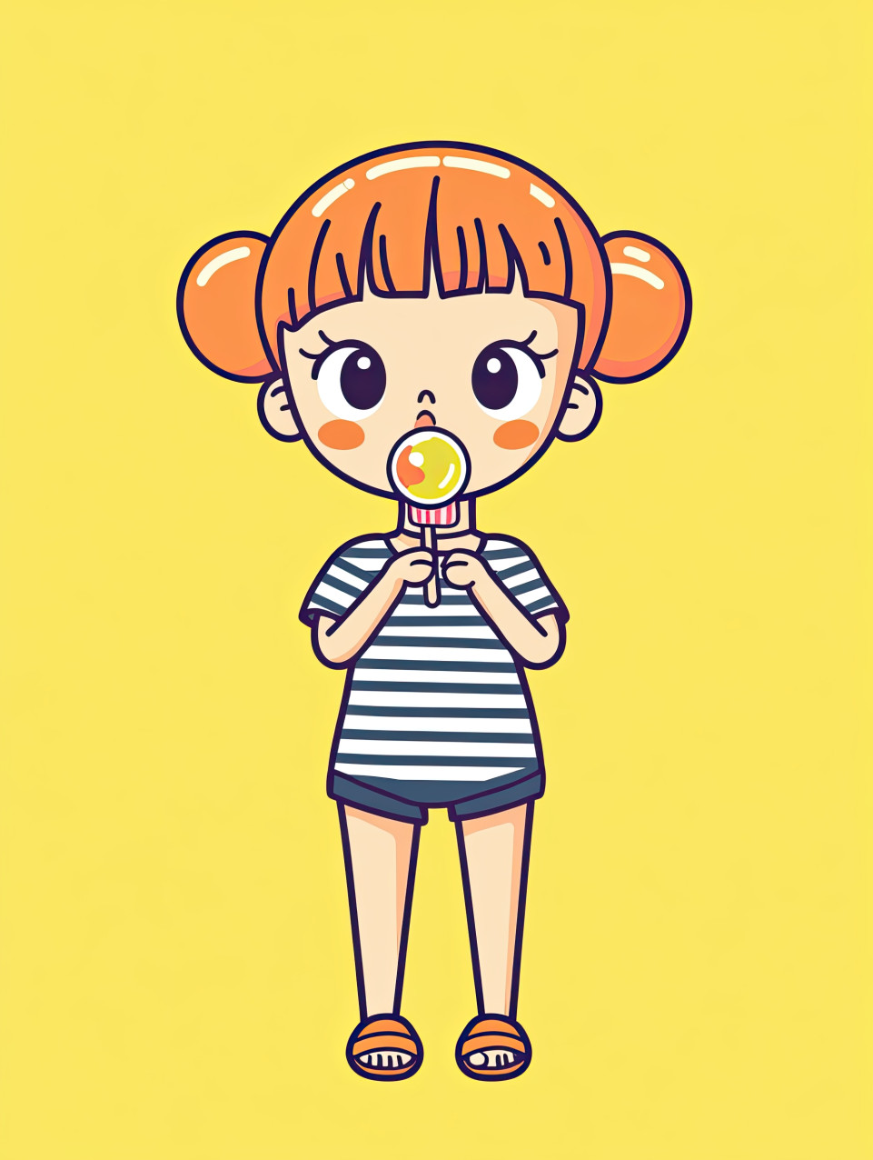 Orange pixie-haired cartoon girl blows gum bubble holding popsicle in striped tee on yellow, pop art girls, midjourney prompt, comic style portraits, cartoon girl art