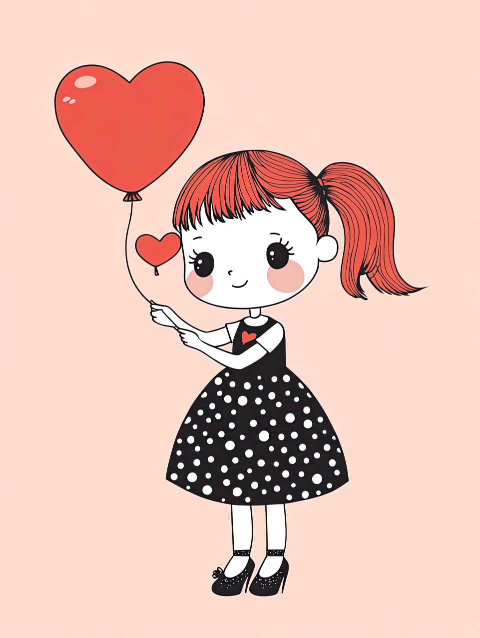 Cartoon girl with red pigtails in polka dot dress blows a kiss holding heart balloon on pink, pop art girls, cartoon girl art, midjourney prompt, comic style portraits
