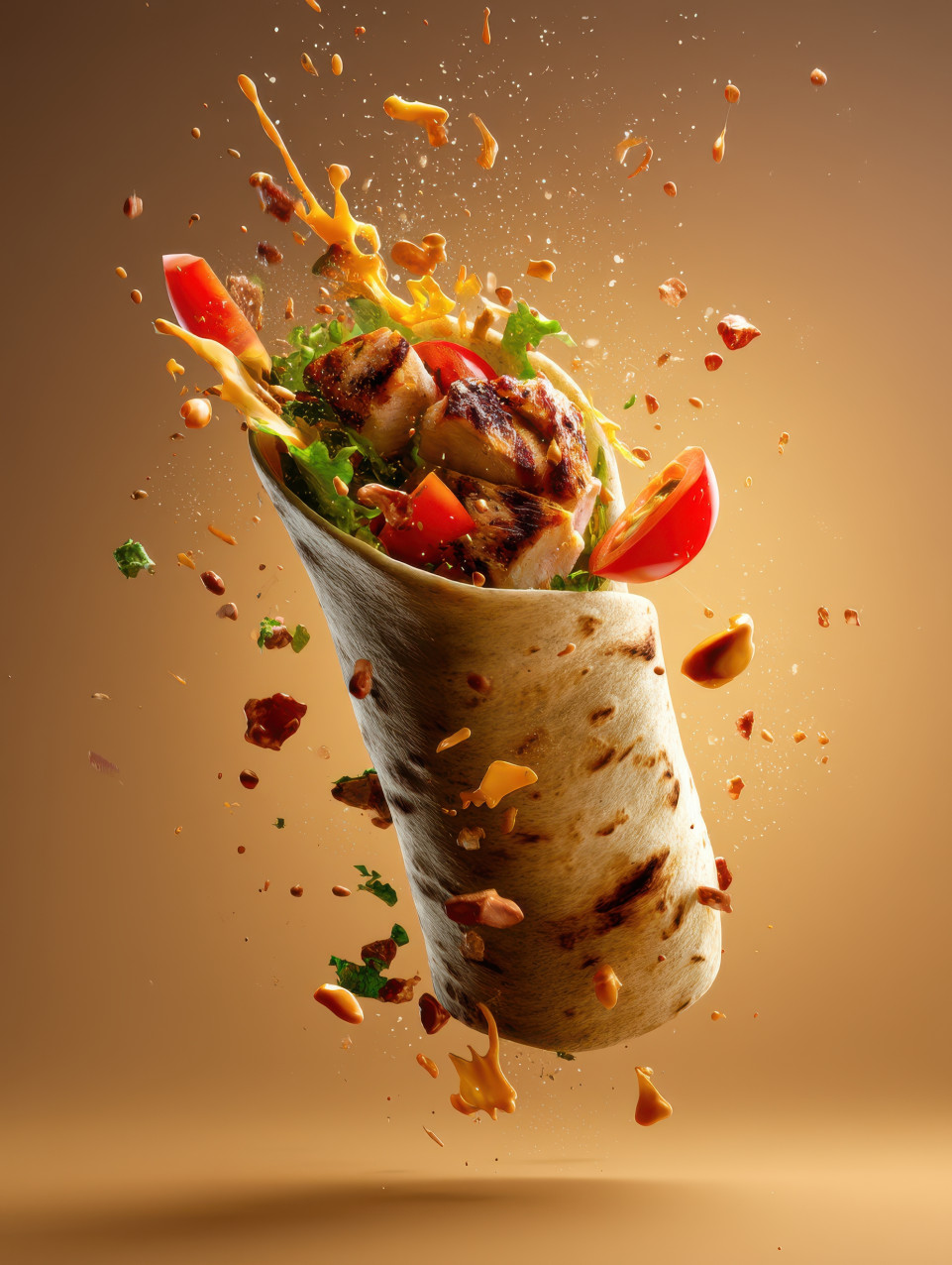 Grilled chicken wrap bursts mid-air with flying vegetables and sauce in slow-motion food ad style, flying fast food photography, commercial food visuals, food ad photography, midjourney prompt