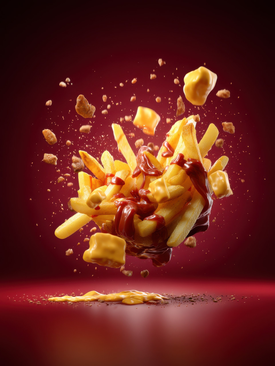 Chili cheese fries erupt mid-air with melted cheese, chili, and flying toppings in cinematic clarity, food ad photography, commercial food visuals, midjourney prompt, flying fast food photography