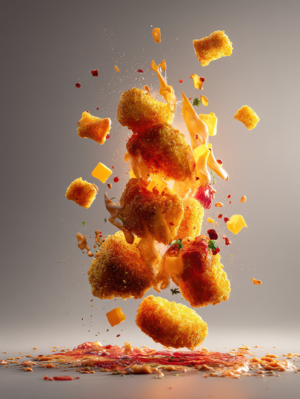 Spicy chicken nuggets caught mid-air in explosive detail with flying cheese and crumbs, food ad photography, commercial food visuals, flying fast food photography, midjourney prompt