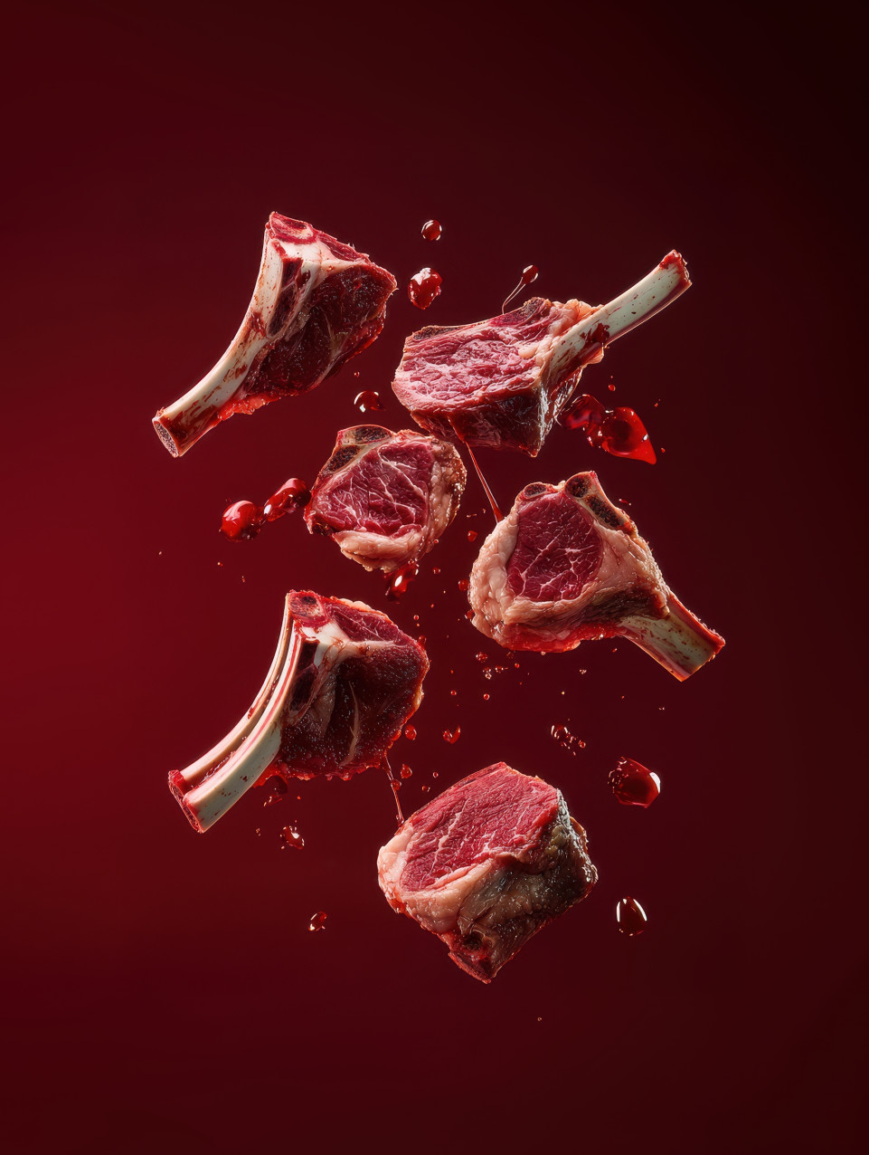 Raw lamb chops suspended in mid-air with red juice splashes and bone slices in cinematic clarity, sliced food photography, midjourney food prompts, floating food prompt