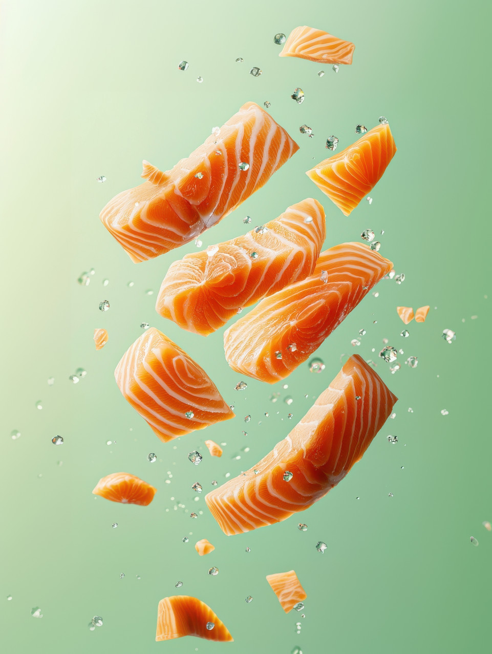 Raw salmon floating mid-air in sliced form with shimmering fish oil and salt crystals, sliced food photography, midjourney food prompts, floating food prompt
