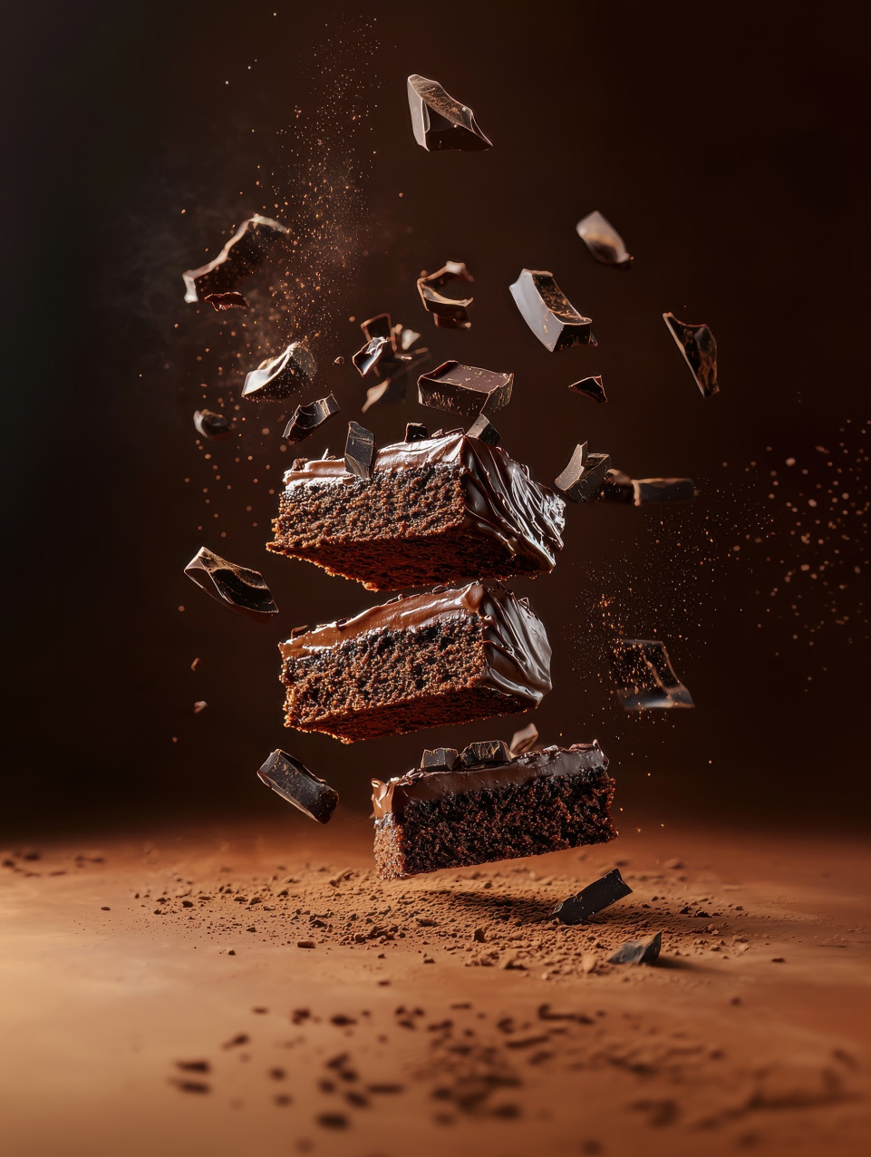 Rich chocolate cake bursts apart mid-air with cocoa dust and chocolate curls, ultra-realistic dessert visuals, sliced food photography, floating food prompt, midjourney food prompts