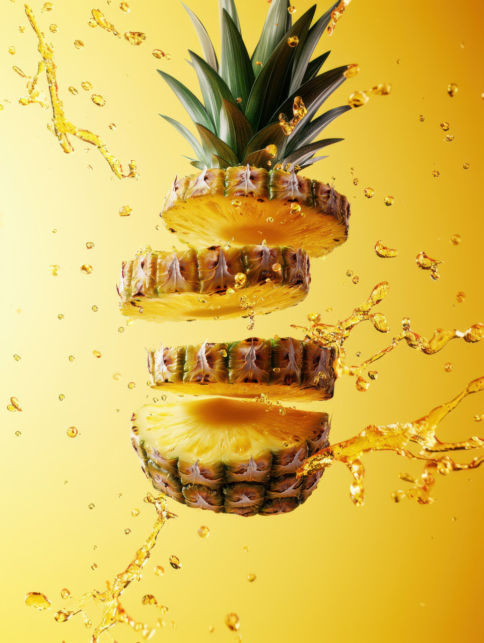 Fresh pineapple sliced into airborne segments with fibrous texture and juicy mist, midjourney food prompts, sliced food photography, floating food prompt