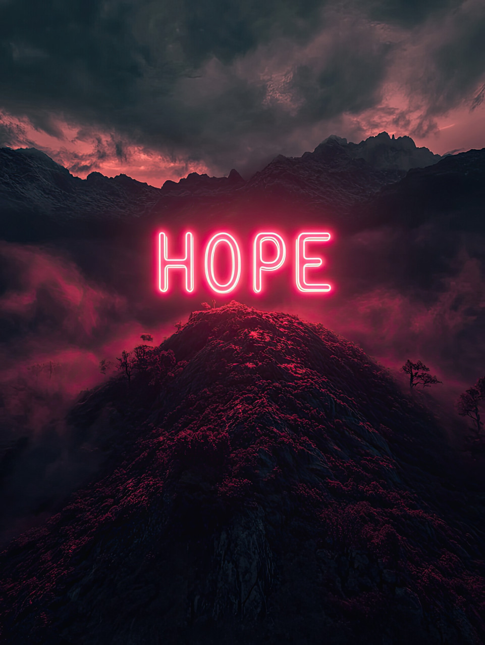 Neon "hope" glowing on a mountain ridge at dusk, surrounded by low clouds and soft shadows. dreamy haze, cinematic lighting, and symmetrical composition create this neon text art, a dreamy landscape, and midjourney prompt.