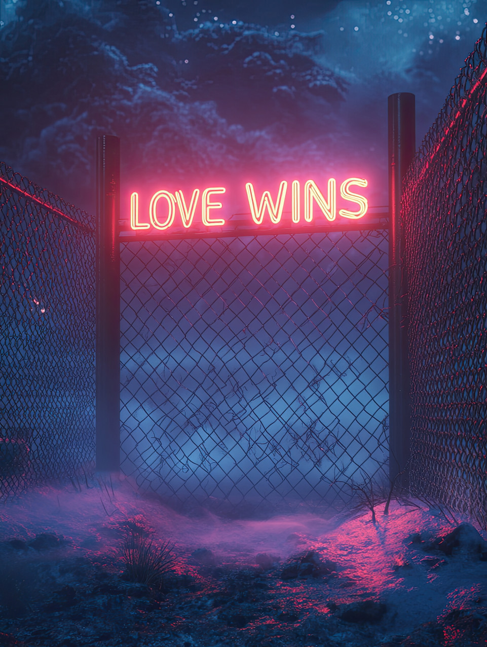 Neon "love wins" on a chain-link fence during a foggy night. mist surrounds the scene with cinematic lighting, soft shadows, and glowing ambiance, making it a dreamy landscape and neon text art, perfect for midjourney prompts.