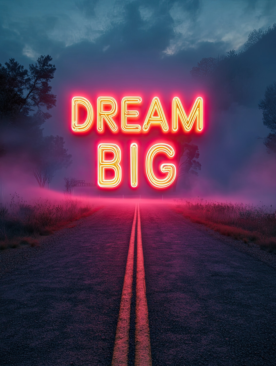 Neon "dream big" on a desert road at twilight, with gentle fog and a warm glow. dreamy haze and cinematic lighting bring this surreal landscape to life with neon text art and a midjourney prompt.