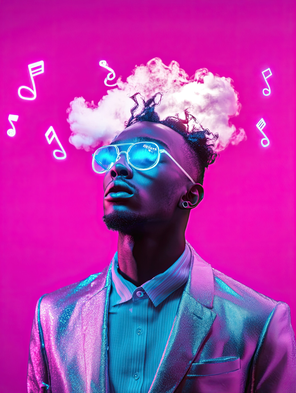 A surreal pop art portrait of a man in a silver futuristic suit with a glowing necklace. swirling clouds and floating musical notes give a dreamy vibe to this pop art character.