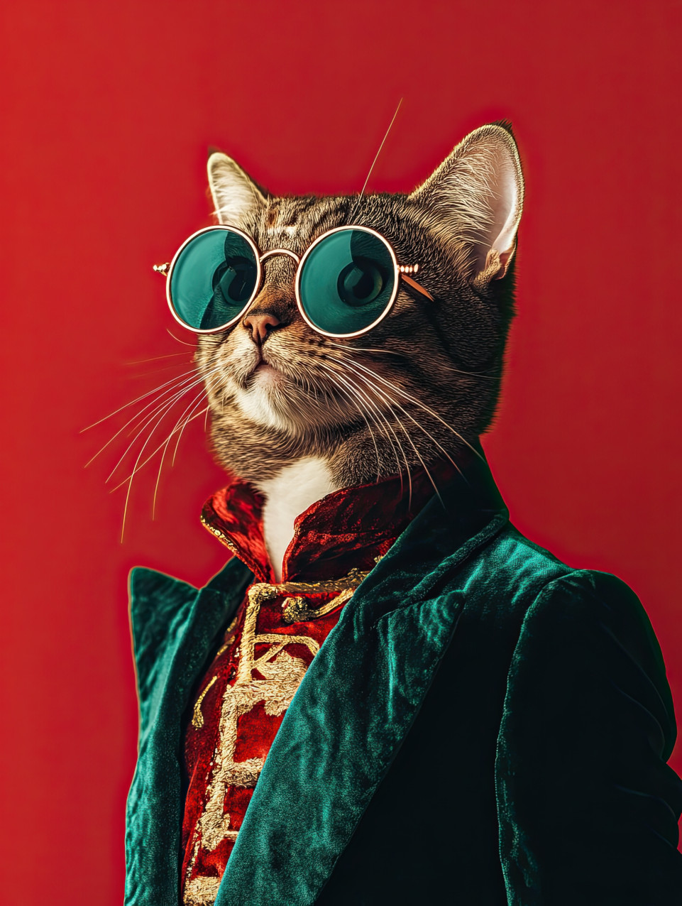 A surreal pop art portrait of a cat in a velvet jacket with oversized glasses. glowing stars and floating fish enhance this whimsical character portrait, ideal for pop art designs.
