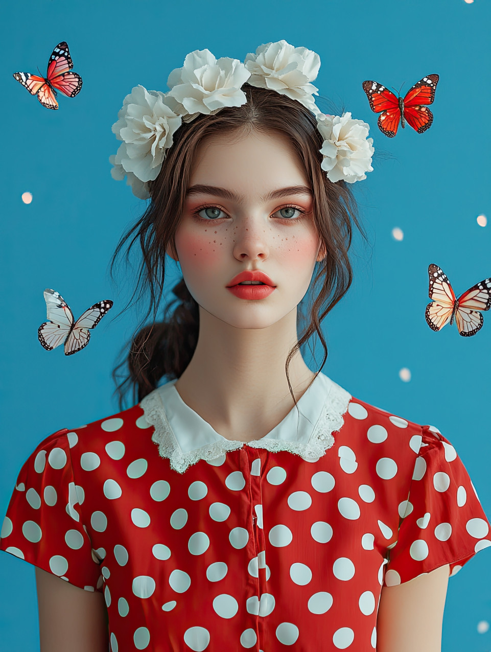 A surreal pop art portrait of a young woman in a polka-dot dress with a flower crown. glowing butterflies float around her, creating a dreamy atmosphere, ideal for pop art character designs.