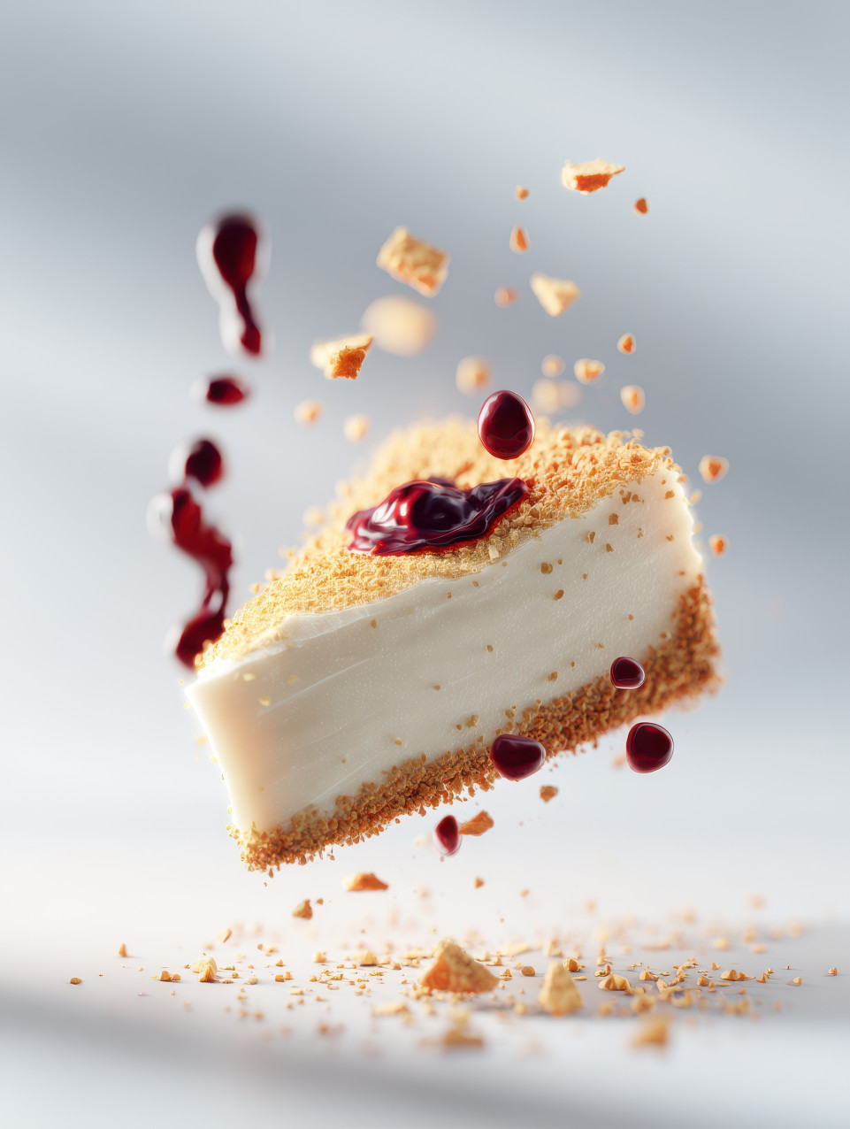 Hyper-realistic photograph of a cheesecake slice suspended mid-air, with dynamic graham cracker crumbs and berry compote droplets in motion, food in motion, floating food prompt, midjourney food prompts