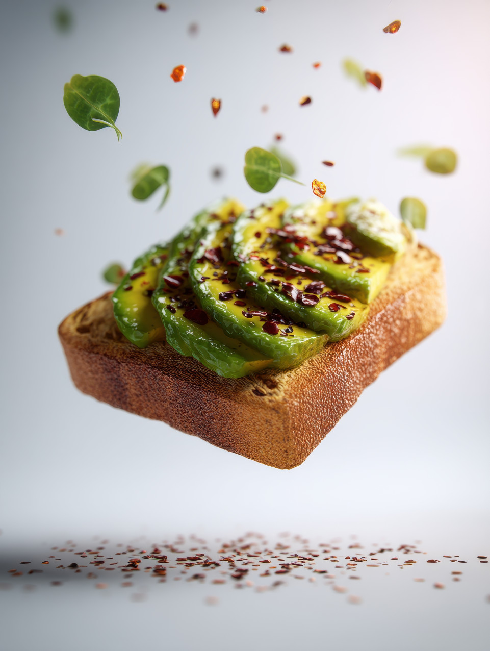 Hyper-realistic photograph of an avocado toast slice floating mid-air, with chili flakes and microgreens suspended, food in motion, floating food prompt, midjourney food prompts