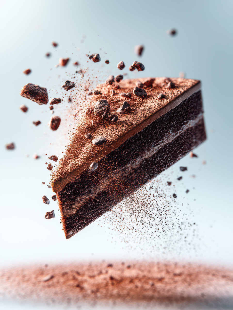 Hyper-realistic photograph of a chocolate cake slice floating mid-air, with chocolate crumbs and cocoa powder dust suspended, food in motion, floating food prompt, midjourney food prompts