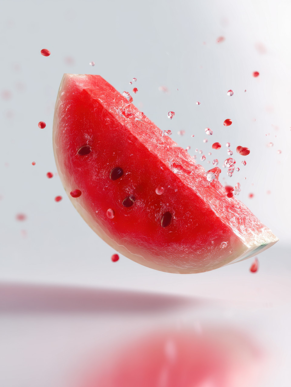 Hyper-realistic photograph of a watermelon slice floating mid-air, with juice droplets and watermelon seeds suspended in motion, food in motion, floating food prompt, midjourney food prompts