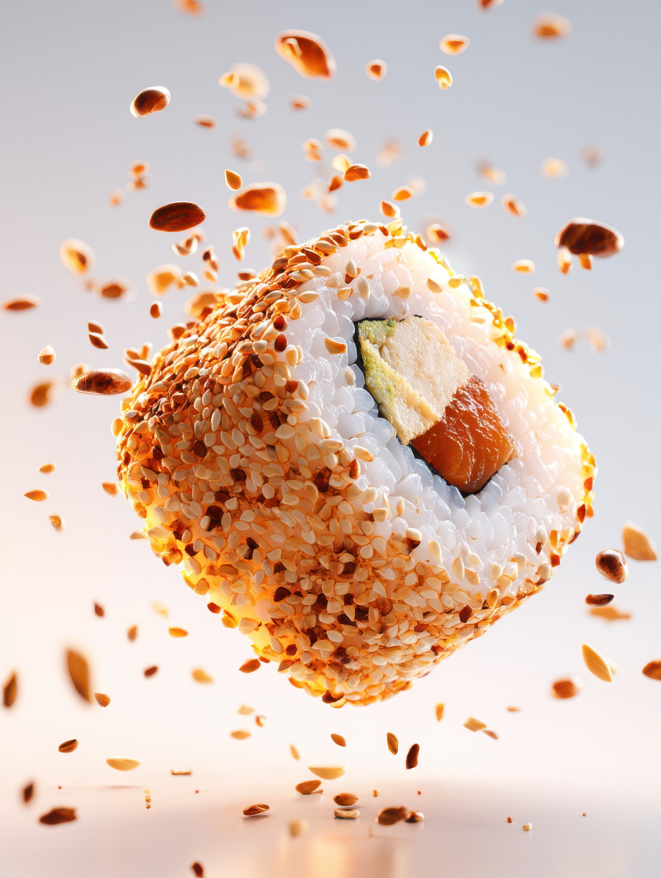 Hyper-realistic photograph of a sushi roll slice floating mid-air, with sesame seeds and rice grains suspended in motion, food in motion, floating food prompt, midjourney food prompts
