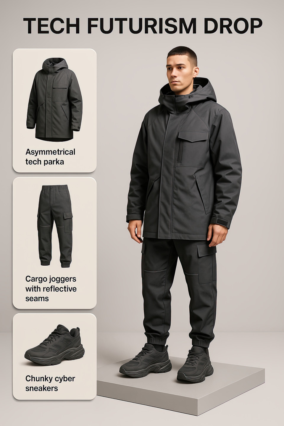 3d male in cyberpunk techwear stands on platform in tech futurism drop for outfit builder ui, chatgpt prompt helps users explore edgy future fashion styles