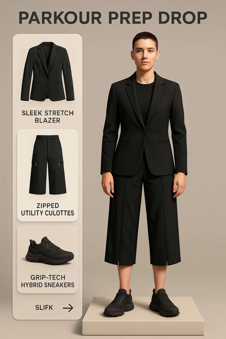 Parkour prep drop shows 3d nonbinary model in athletic elegant layers for outfit builder ui, chatgpt prompt blends movement and function in fashion