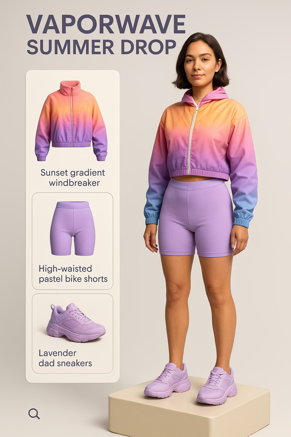 Vaporwave summer drop features 3d female in retro digital outfit, posed for outfit builder ui, chatgpt prompt helps style colorful nostalgic looks