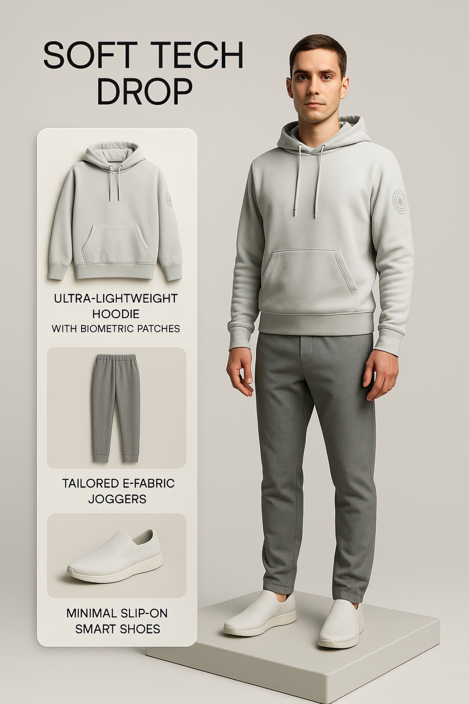 Soft tech drop displays 3d male in minimal techwear on platform, crafted for outfit builder ui, chatgpt prompt builds smart modern outfit looks