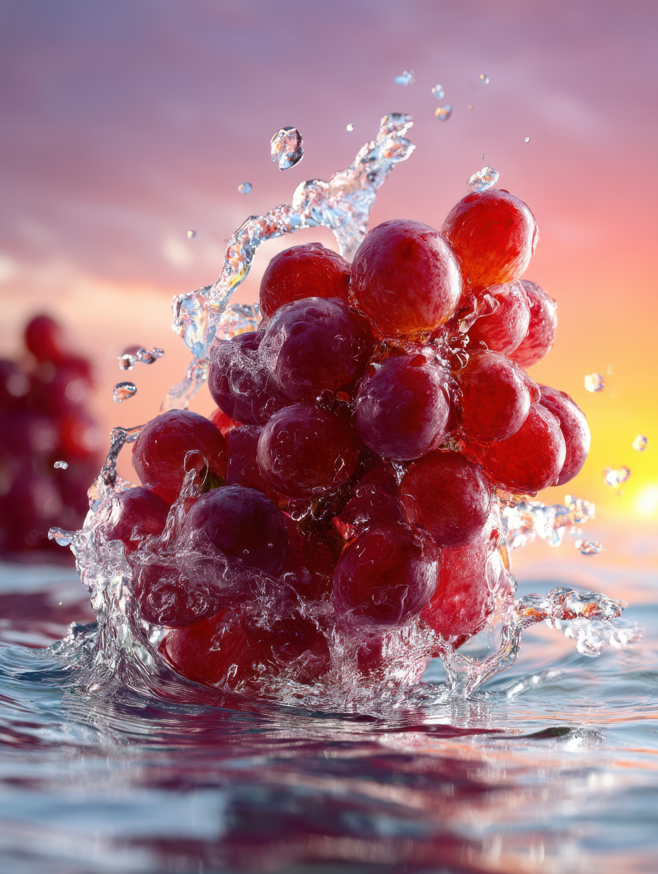 Red grapes splashing into clear water with droplets frozen in time, captured with sunset over a vineyard. vibrant colors and sharp details. fresh fruits photography, motion food photography, midjourney food prompts