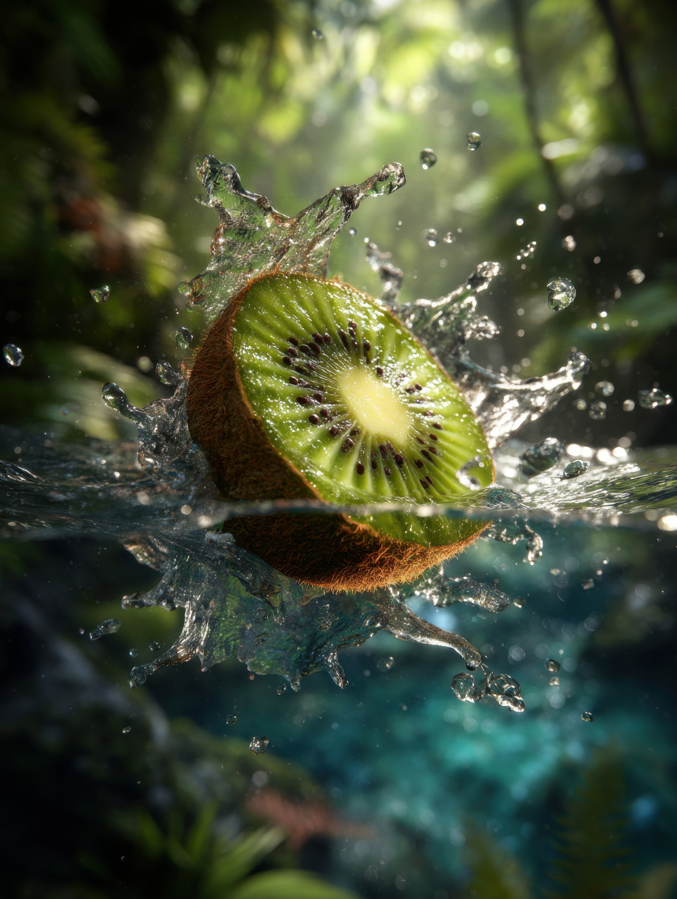 Sliced kiwi splashing into clear water with droplets suspended mid-motion. lush jungle background, ultra-detailed textures. fresh fruits photography, motion food photography, midjourney food prompts