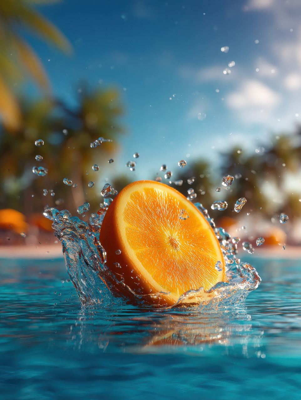 Sliced orange splashing into clear water, droplets frozen mid-motion with sun-drenched beach and palm trees. bright, juicy colors. fresh fruits photography, motion food photography, midjourney food prompts