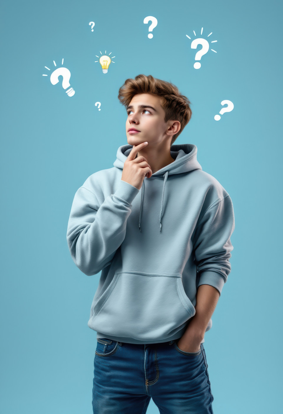 Teen boy in hoodie and jeans stands mid-frame with quiet expression, realistic thoughtful people overlays flux prompt adds modern youth realism