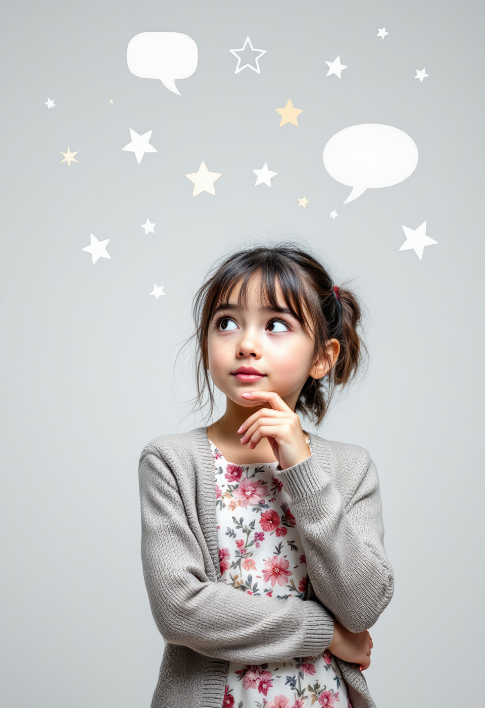 Young girl in floral dress and cardigan stands gently with calm face, realistic thoughtful people overlays flux prompt suits warm emotional visuals